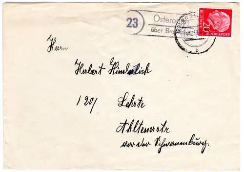 BRD 1957, Landpost Stpl. 23 OSTERODEN über Bramsche auf Brief m. 20 Pf. 