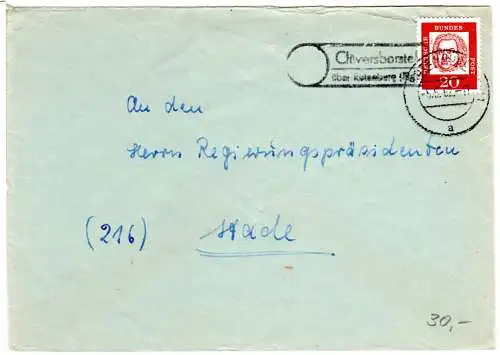 BRD 1962, apt. Landpost Stpl. CLÜVERSBORSTEL über Rotenburg auf Brief m. 20 Pf.