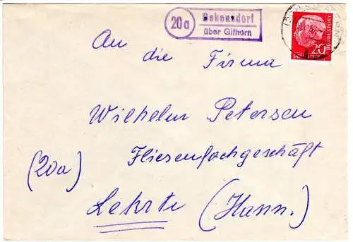 BRD 1957, Landpost Stpl. 20a BOKENSDORF über Gifhorn auf Brief m. 20 Pf.