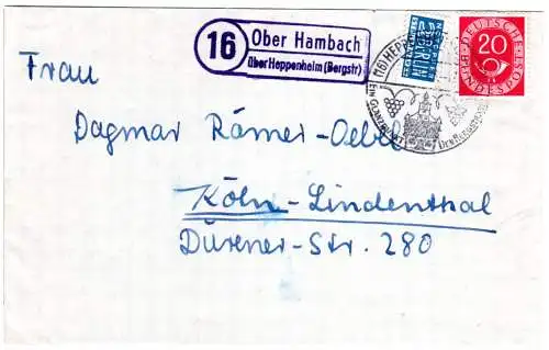 BRD 1953, Landpost Stpl. 16 OBER HAMBACH über Heppenheim auf Brief m. 20 Pf.