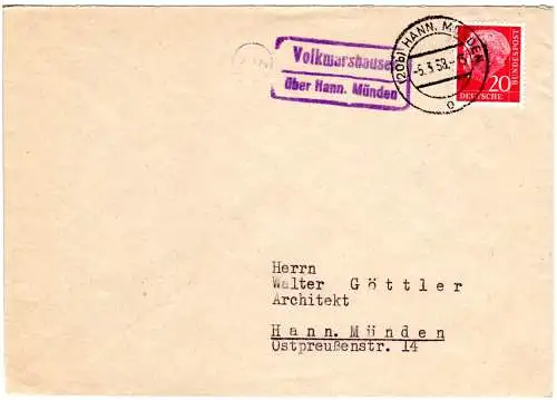 BRD 1958, Landpost Stpl. VOLKMARSHAUSEN über Hann. Münden auf Brief m. 20 Pf.