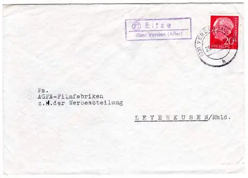 BRD 1956, Landpost Stpl. 23 EITZE über Verden (Aller) auf Brief m. 20 Pf.