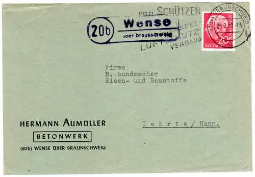 BRD 1956, Landpost Stpl. 20b WENSE über Braunschweig auf Briefteil m. 20 Pf.