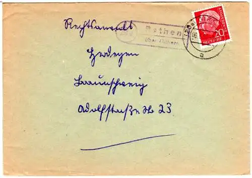 BRD 1958, Landpost Stpl. 20a RETHEN über Gifhorn auf Brief m. 20 Pf.