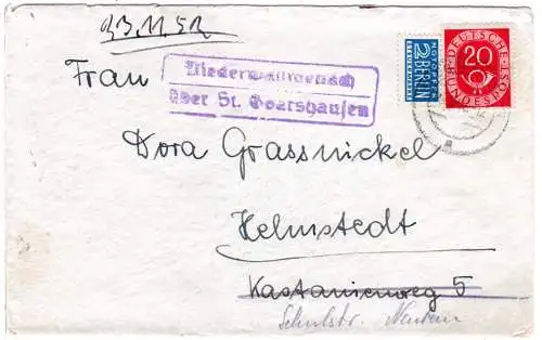 BRD 1954, Landpost Stpl NIEDERWALLMENACH über St. Goarshausen auf Brief m. 20 Pf