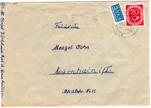 BRD 1951, Landpost Stpl. DÖRSCHEID über St. Goarshausen auf Brief m. 20 Pf