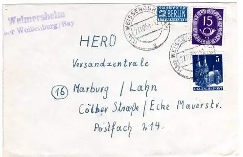 BRD 1951, Landpost Stpl. WEIMERSHEIM über Weißenburg / Bay. auf Brief m. 5+15 Pf