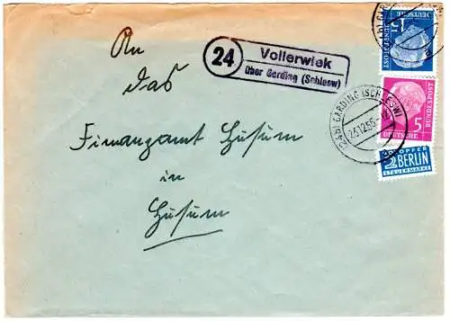 BRD 1955, Landpost Stpl. 24 VOLLERWIEK über Garding auf Brief m. 5+15 Pf.