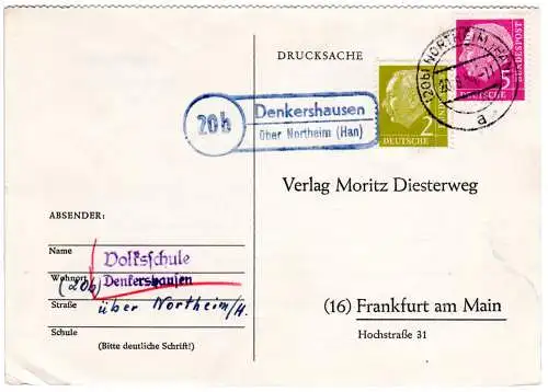 BRD 1954, Landpost Stpl. 20b DENKERSHAUSEN über Northeim auf Karte m. 2+5 Pf. 