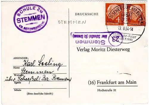 BRD 1954, Landpost Stpl. 23 STEMMEN über Scheessel auf Karte m. 2x4 Pf. 