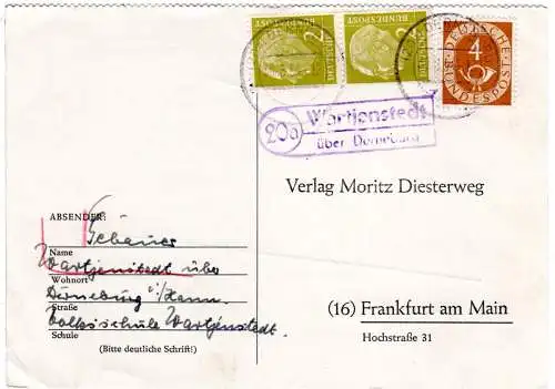 BRD 1954, Landpost Stpl. 20a WARTJENSTEDT über Derneburg auf Karte m. 2x2+4 Pf. 