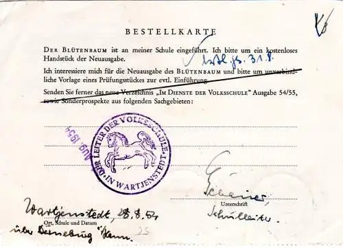 BRD 1954, Landpost Stpl. 20a WARTJENSTEDT über Derneburg auf Karte m. 2x2+4 Pf. 