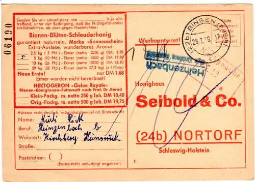 BRD 1959, Landpost Stpl. HEINZENBACH über Kirchberg auf Nachgebühr-Karte