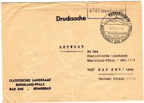 BRD 1962, Landpost Stpl. 6761 STANDENBÜHL auf portofreier Antwort-Drucksache