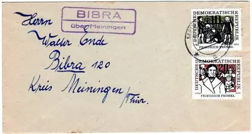 DDR 1957, Landpost Stpl. BIBRA über Meiningen auf Brief m. 10+20 Pf. F. Fröbel