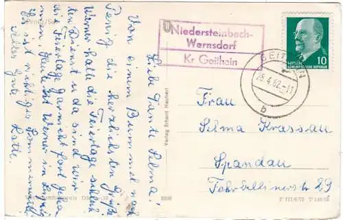 DDR 1962, Landpost Stpl. NIEDERSTEINBACH-WERNSDORF auf Karte m. 10 Pf.