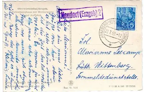 DDR 1958, Landpost Stpl. NEUDORF (Erzgeb) 2 auf Karte m. 10 Pf. 