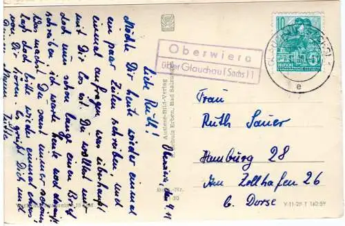 DDR 1960, Landpost Stpl. OBERWIERA über Glauchau (Sachs) 1 auf Karte m. 10 Pf. 