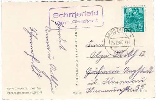 DDR 1960, Landpost Stpl. SCHMERFELD über Arnstadt auf Karte m. 10 Pf. 