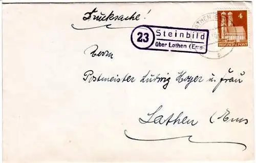 BRD 1950, Landpost Stpl. 23 STEINBILD über Lathen (Ems) auf Umschlag m. 4 Pf.