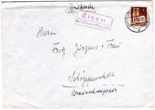 BRD 1950, Landpost Stpl. 20b EITZUM über Schöningen auf Umschlag m. 4 Pf