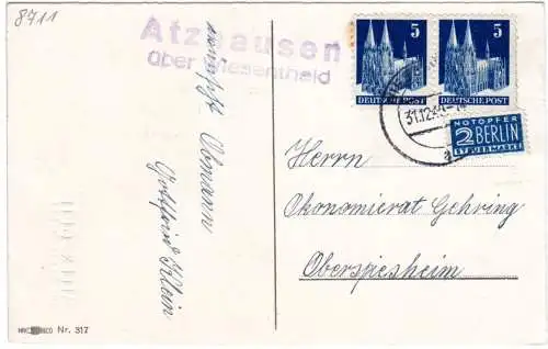 BRD 1949 Landpost Stpl. ATZHAUSEN über Wiesentheid auf Karte m. 2x5 Pf.