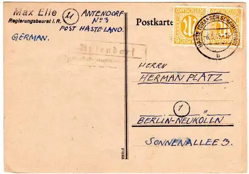 1946, Landpost Stpl. ANTENDORF über Haste (Grafs Schaumburg) auf Karte m. 2x6 Pf