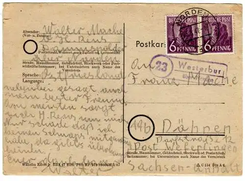 1947, Landpost Stpl. 23 WESTERBUR über Norden auf Karte m. 2x6 Pf