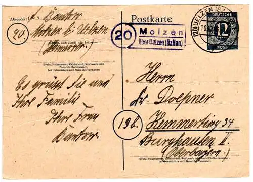 1946, Landpost Stpl. 20 MOLZEN über Uelzen (BzHan) auf 12 Pf. Ganzsachenkarte