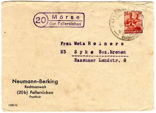 1947, Landpost Stpl. 20 MÖRSE über Fallersleben auf Brief m. 24 Pf.