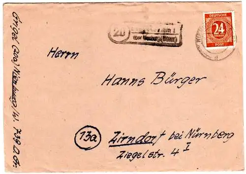 1948, Landpost Stpl. 20 LANGENDAMM über Nienburg (Weser) auf Brief m. 24 Pf.