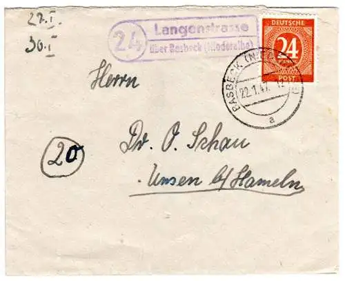 1947, Landpost Stpl. 24 LANGENSTRASSE über Basbeck auf Brief m. 24 Pf.