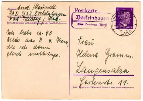 DR 1942, Landpost Stpl. BOCKELNHAGEN über Herzberg auf 6 Pf. Ganzsache