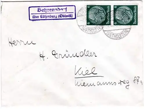 DR 1936, Landpost Stpl. BEHRENSDORF über Lütjenburg auf Brief m. 2x6 Pf.