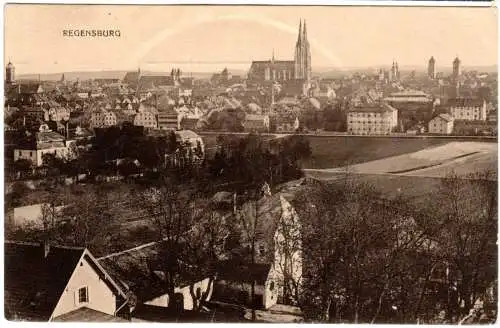 Regensburg, Gesamtansichtm. Gebäuden im Vordergrund, 1915 gebr. sw-AK