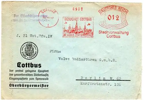 DR 1940, 12 Pf. Stadtverwaltung Cottbus Freistempel auf Oberbürgermeister Brief