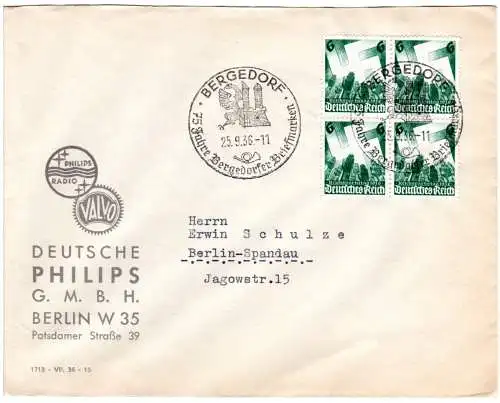 DR 1936, 4er Block 6 Pf. auf Firmenumschlag m. Sonderstempel v. Bergedorf