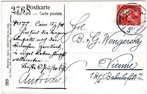 Ägypten 1908, 4 M. auf Karte m. klarem Cairo Grand Continental Hotel Stempel