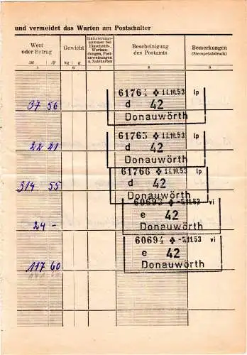 BRD 1953, Postanweisungs-R3 DONAUWÖRTH mehrfach auf Postformular