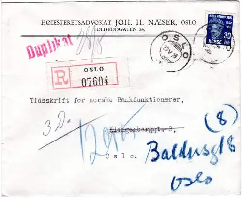 Norwegen 1929, EF 30 öre Abel auf Orts-Einschreiben Brief v. Oslo