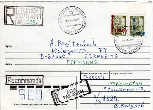 Usbekistan 1994, Einschreiben Brief v. Taschkent m. 2-sprach. Luftpost R-Stpl. 