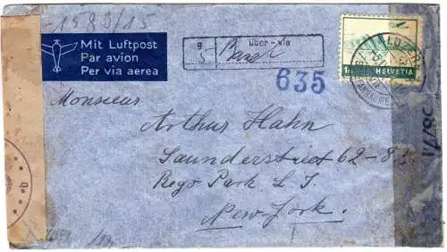 Schweiz 1944, EF 1 Fr. auf Luftpost Zensur Brief v. Luzern via Basel n. USA