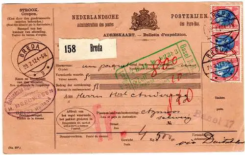 NL 1912, MeF 3x25 C. auf Zigarrenfabrik Paketkarte v. Breda i.d. Schweiz