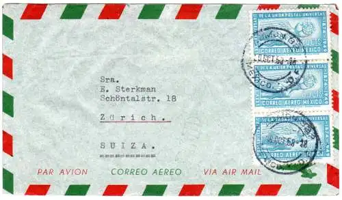 Mexiko 1950, meF 3x80 C. UPU auf Luftpost Brief i.d. Schweiz