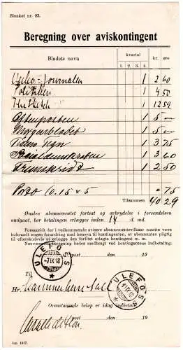 Norwegen 1918, Postschein Beregning over Aviskontingent v. Ulefoss