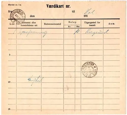 Norwegen 1914, Postschein Verdikart m. Bergensbanens Bahnpost-Stempel