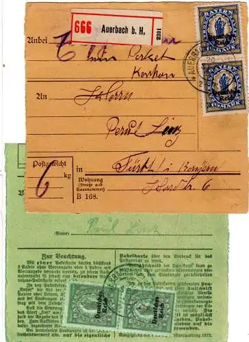 DR 1920, Paare 1 1/4 u. rs. 1 Mk. Bayern Abschied auf R-Paketkarte v. Auerbach