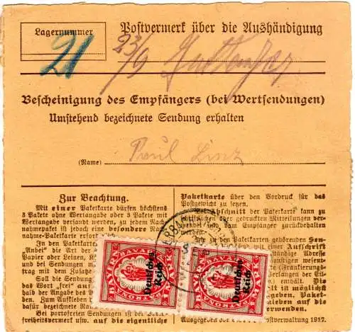 DR 1920, Paare 1 1/4 u. rs. 1 Mk. Bayern Abschied auf R-Paketkarte v. Auerbach