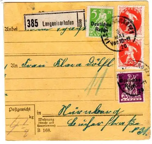 Bayern 1920, 2x50 Pf. Abschied+5+20 Pf. DR auf Paketkarte v. Langenisarhofen