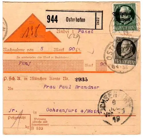 Bayern 1919, 60 Pf. Volksstaat+25 Pf. auf Nachnahme Paketkarte v. Osterhofen